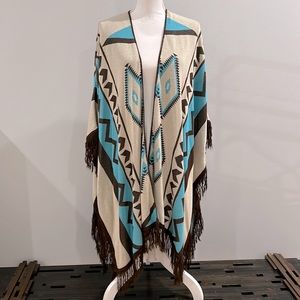 Scully Hippie BOHO Gypsy Taupe Long Oversize Fringed Tunic Cardigan